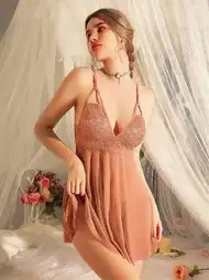 Kahverengi Tül Dantelli Transparan Body Pink Night 3932