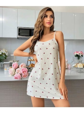 Kiraz Desenli Beyaz Penye Gecelik Poliamid Elastan Lily Bianca 13000