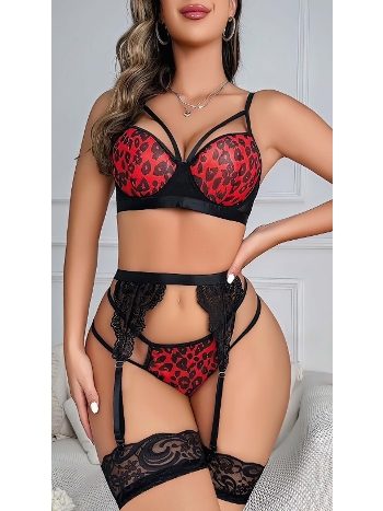 Kırmızı Leopar Jartiyer Takım Ayarlanabilir Klips Jesica Bella 00108