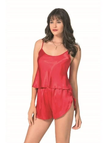 Kırmızı Saten Babydoll Şort Takımı Ahu 9089