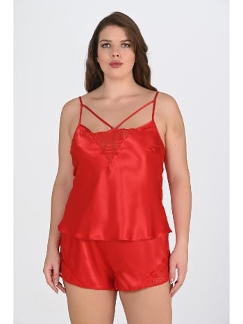 Kırmızı Saten Büyük Beden Şort Takımı Ahu 1076