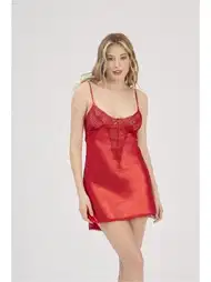 Kırmızı Saten Gecelik Dantel Biye Moonlight 329