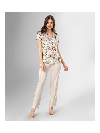 Çiçekli Ekru Pijama Takımı Kadın Ahu 1819