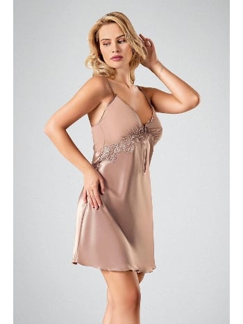 Kısa Saten Gecelik Vizon Polyester Ahu 7718
