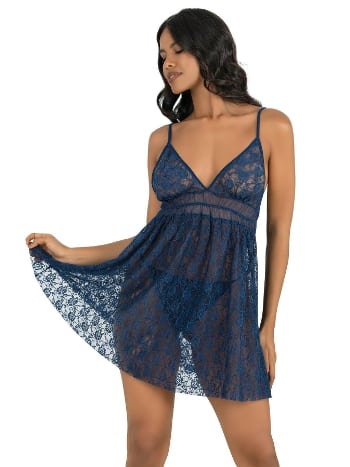 Kısa Tül Gecelik Lacivert Düşük Kol Ahu 4203