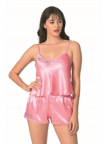 Saten Leopar Desenli Babydoll Şort Takımı Ahu 9079