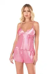 Koyu Pembe Leopar Saten Babydoll Şort Takımı Ahu 9108