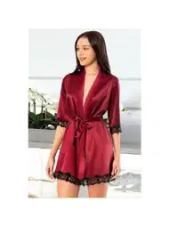 Kuşaklı Bordo Dantelli Saten Kısa Sabahlık XSES 2118