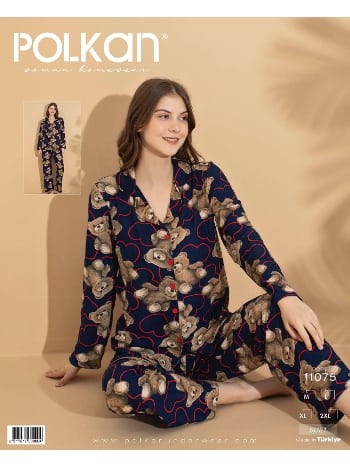 Lacivert Desenli Uzun Kollu Pijama Takımı Polkan 11075