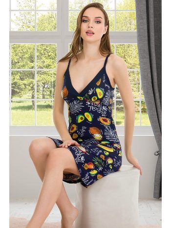 Pamuklu Lacivert Renkli Meyve Desenli Gecelik Lady 6171