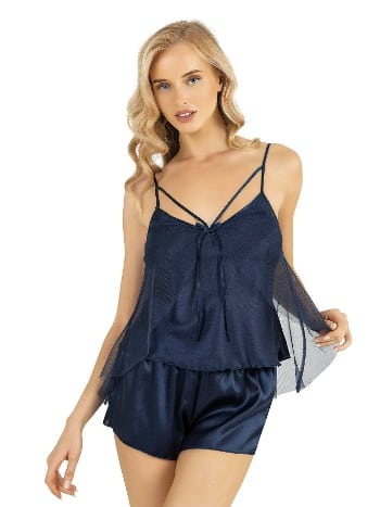 Lacivert Saten Tül Detaylı Şort Takımı Ahu 9215