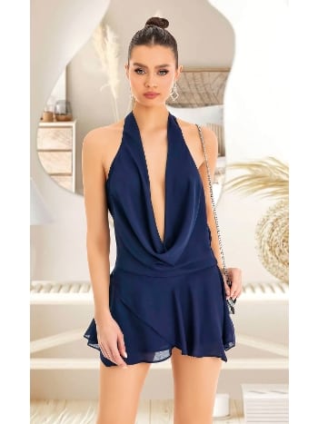 Lacivert Sırt Dekolteli Mini Elbise Pink Night 3362