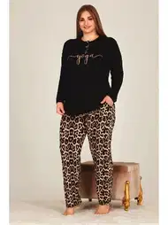 Leopar Desenli Büyük Beden Uzun Kollu Pijama Takımı Lady 11326