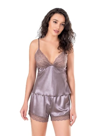 Lila Saten Yumuşak Babydoll Şort Takımı Ahu 9136