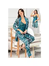 Dijital Desenli Saten 3'lü Sabahlık Pijama Çeyiz Seti XSES 2151