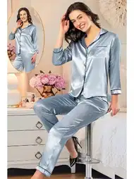 Mavi Saten Önden Düğmeli Kadın Pijama Takımı XSES 2105