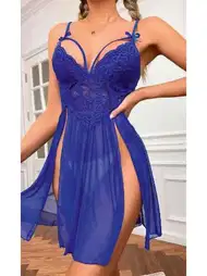 Mavi Tül Dekolteli Transparan Fantezi Gecelik Ruselin 2106