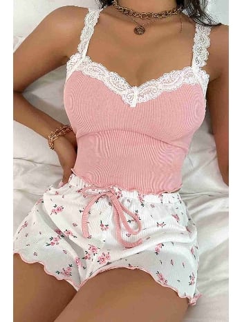 Çiçek Desenli Dantel Askılı Şortlu Pijama Takımı Çok Renkli Merry See MS 2370 