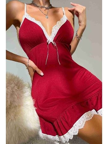 Dantelli İşleme Etek Büzgülü Penye Gecelik Kırmızı Merry See MS2363