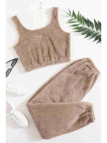 Askılı Peluş Polar Crop Kadın Pijama Takımı Kahverengi Merry See MS4065