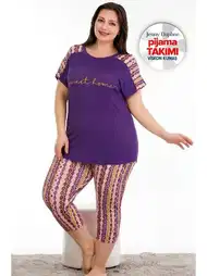 Mor Desenli Büyük Beden Kısa Kol Viskon Kapri Pijama Takımı Lady 10671