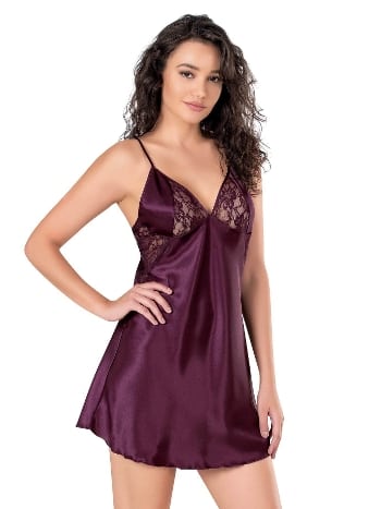 Kısa Saten Gecelik Mürdüm Ahu 8144