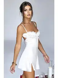 Dekolteli Beyaz Mini Elbise Pink Night 3394