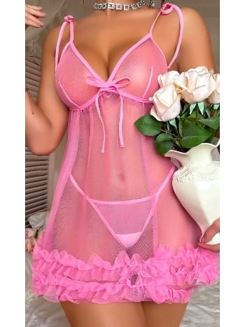 Pembe Dantel Transparan Tül Gecelik Tanga Takımı Ruselin 2096