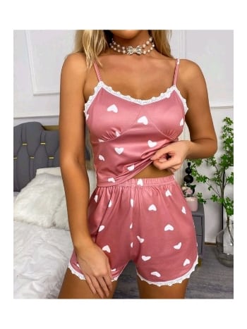 Pembe Dantel Kenarlı Kalpli Şort Takım Ruselin 5019