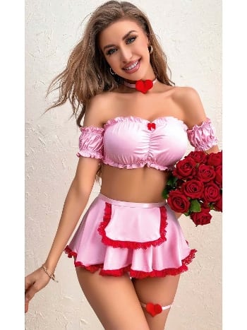 Poliamid Elastan Pembe Fantazi Hizmetçi Kostüm Ruselin 2071