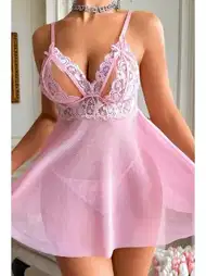 Pembe Tül Göğüs Dekolteli Fantezi Body Ruselin 2103