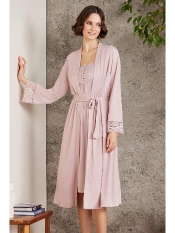 Penye Dantelli Kare Yaka Gecelik Sabahlık Takım Pierre Cardin 4005 