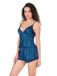Petrol Mavi Saten Babydoll Şort Takımı Ahu 9111
