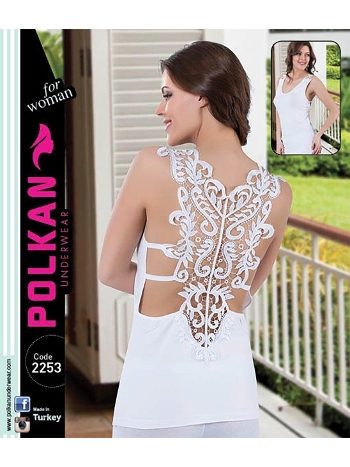 Sırt Dekolteli Güpürlü Beyaz Kadın Atlet Polkan 2253
