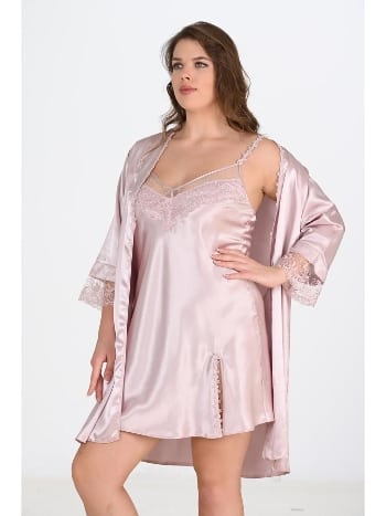 Pudra Renkli Beden Gecelik Sabahlık Takımı Ahu 6214