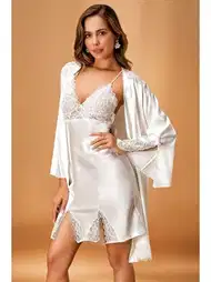 Ekru Renk Saten Kimono Takım Polyester Nurteks 5325
