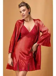 Polyester Saten Kimono Takım Bordo Nurteks 5325