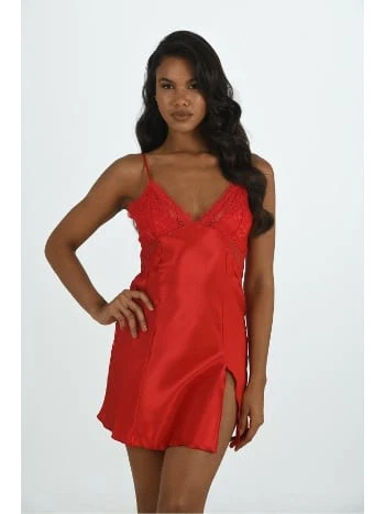 Saten Dantelli Kırmızı Kısa Gecelik Ahu 8200