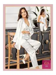 Saten Yakalı Çiçek Güpürlü 3Lü Sabahlık Pijama Seti XSES 2103