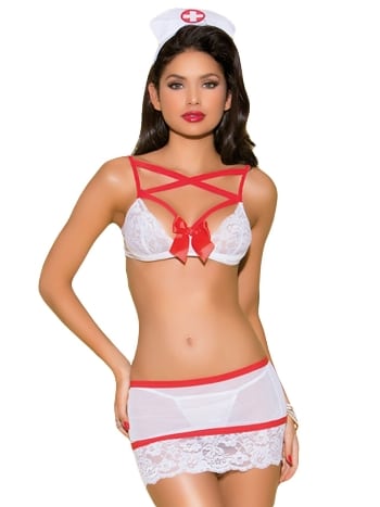 Kurdelalı Dantelli Beyaz Kadın Hemşire Kostümü SHE 2047