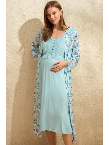 Sıfır Kol V Yaka Viskon Çiçek Desenli Yazlık Uzun Dantel Detaylı Hamile Gecelik Sabahlık Anıl 5774