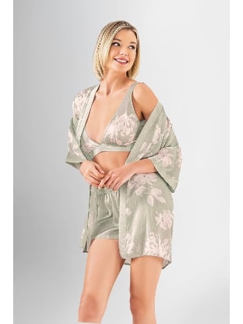 Desenli Sırt Bağlamalı 3lü Sabahlık Şort Takımı Ahu 1952