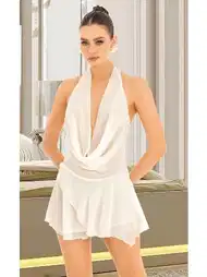 Sırt Dekolteli Beyaz Mini Elbise Konforlu Esneklik Pink Night 3412