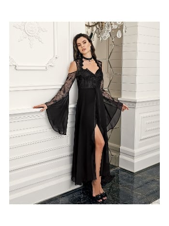 Transparan Dantel Detaylı Siyah Saten Gecelik Takımı İmaj 3204