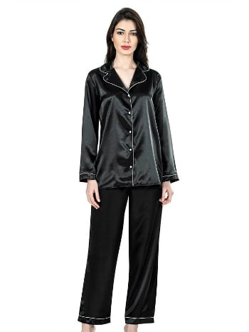 Siyah Saten Gecelik Pijama Takımı Ahu 7647