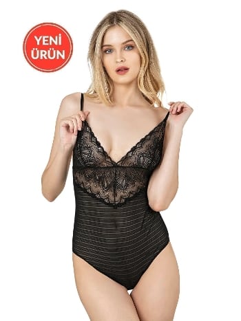 Siyah İnce Askılı Dantel Tül Sırtı Açık Body Özkan 26835