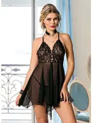 Siyah Saten Kadın Fantezi Gecelik Lily Bianca 648