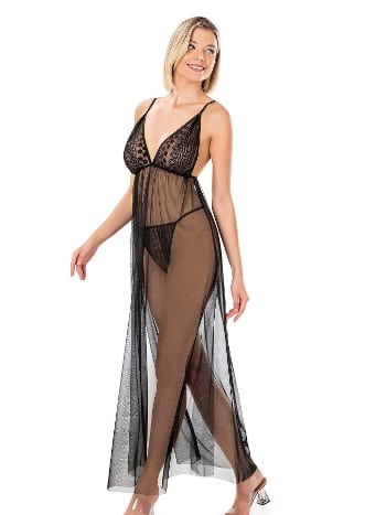 Siyah Kısa Tül Gecelik Tek Parça Ahu 4259