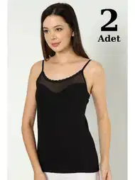 Siyah Likralı Tüllü İp Askılı Atlet Arma Yıldız 3367