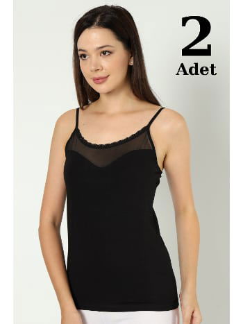 Siyah Likralı Tüllü İp Askılı Atlet Arma Yıldız 3367